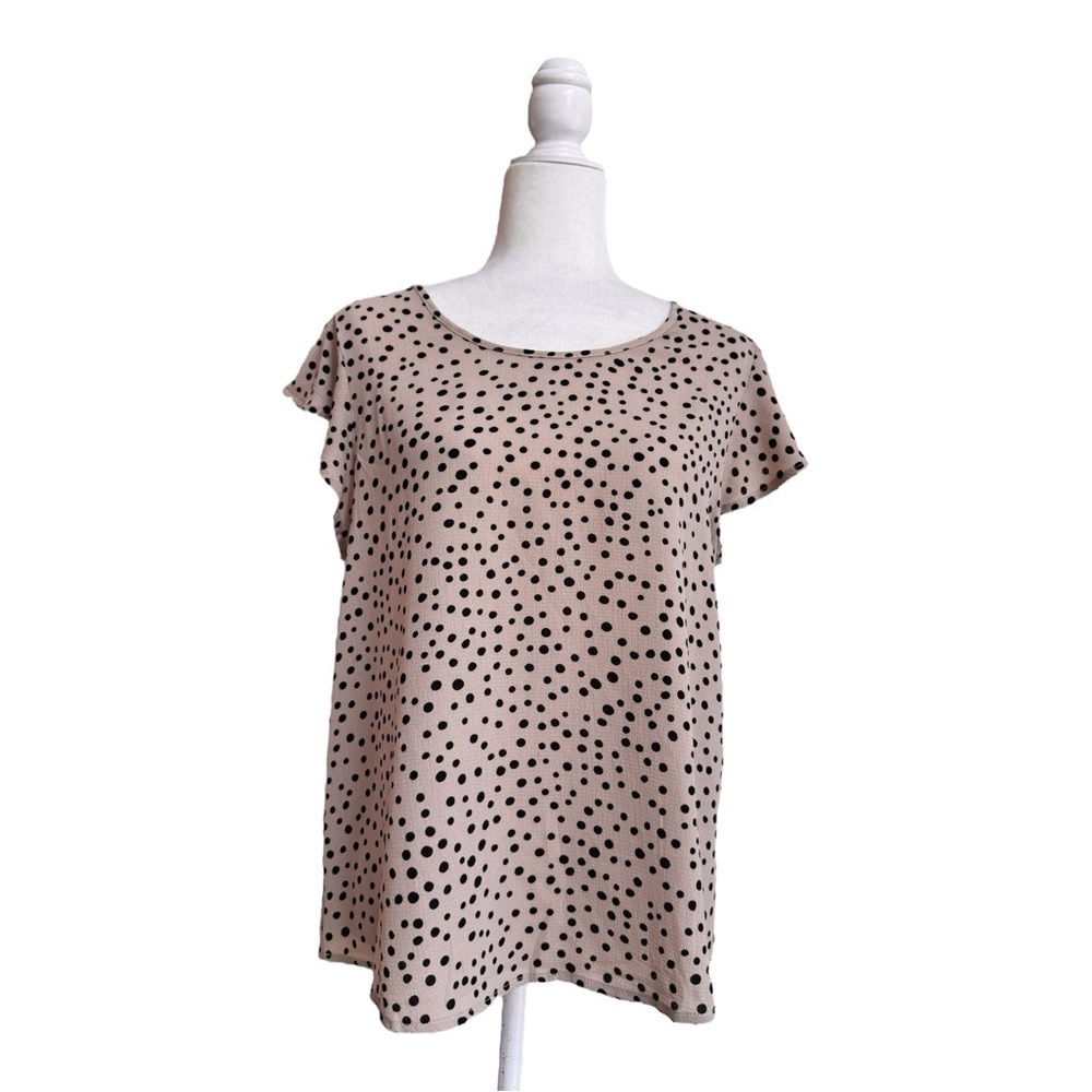Paper Moon Beige Black Polka Dot Short Flutter Sleeve Chiffon Womens Size L